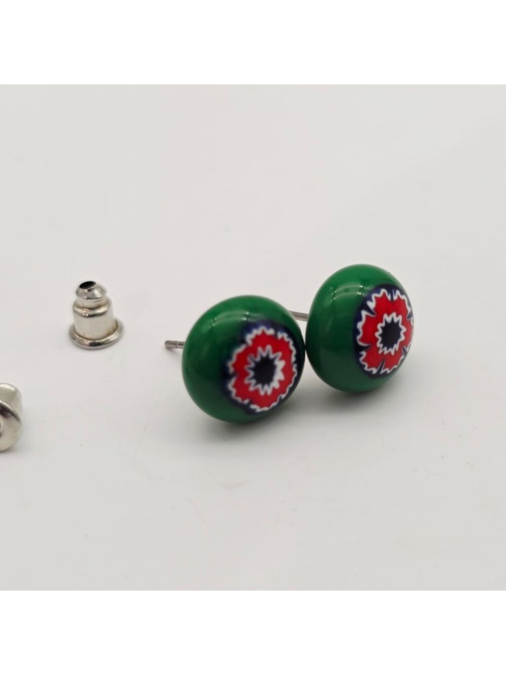 Round Green Millefiori Glass Stud Earrings With Red & White Floral Design